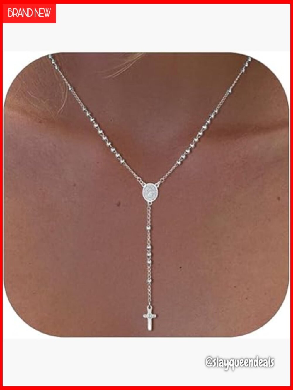 Virgin Mary Rosary Necklace with Crucifix Cross Pendant Long Y Drop Chain